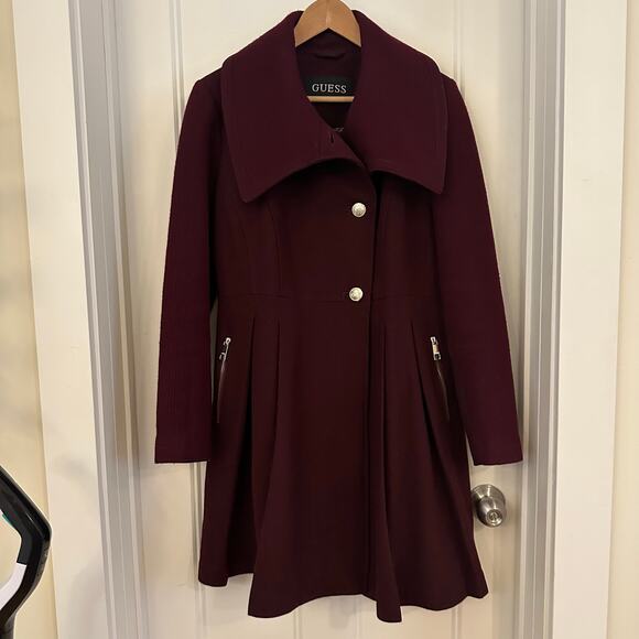 Guess Women's Pleated Wool Blend Flared Coat Burgundy Size Large - Picture 4 of 14
